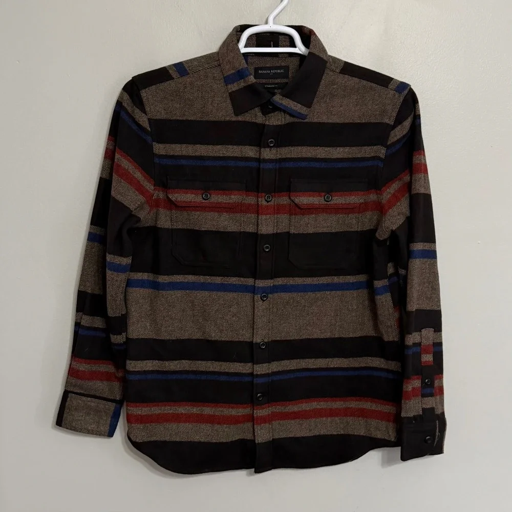 Banana Republic Mens Small Brown Striped Wool Blend Flannel Shacket Shirt